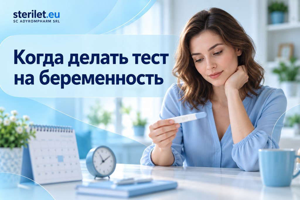 Женщина смотрит на экспресс-тест на беременность рядом с календарём.