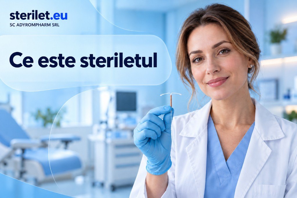 Un medic din clinică ține în mână un sterilet cu cupru. Ilustrație pentru articolul despre ce este steriletul.