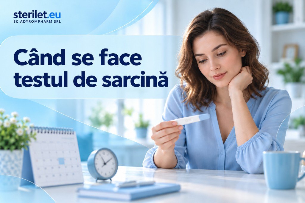 O femeie se uită la un test rapid de sarcină, lângă un calendar.