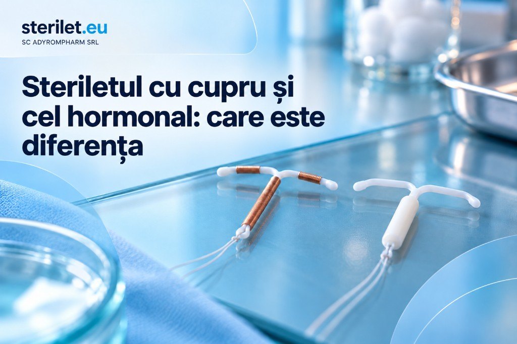 Un sterilet cu cupru și un sistem intrauterin hormonal așezate alături pe sticlă. Ilustrație pentru articolul despre diferența dintre ele.