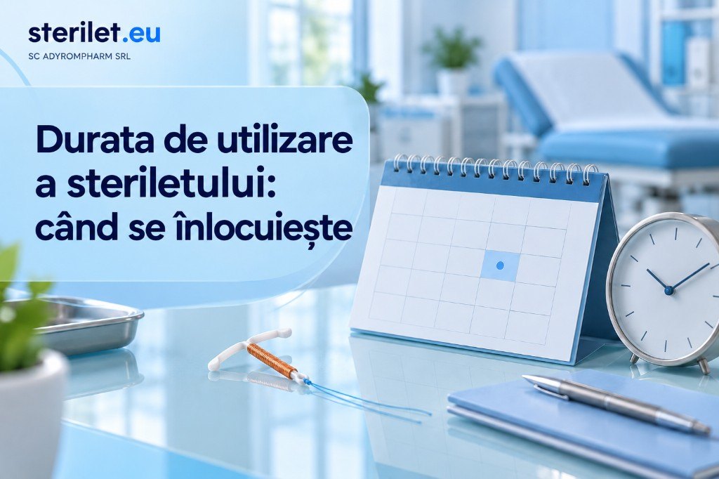 Un calendar, un ceas și un sterilet pe masă. Ilustrație pentru articolul despre durata de utilizare a steriletului.
